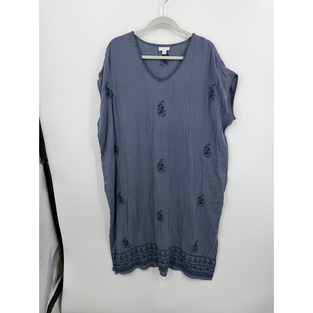 Pure Jill Embroidered Gauze Tunic Dress Women XL Petite Blue V-Neck Cotton Boho